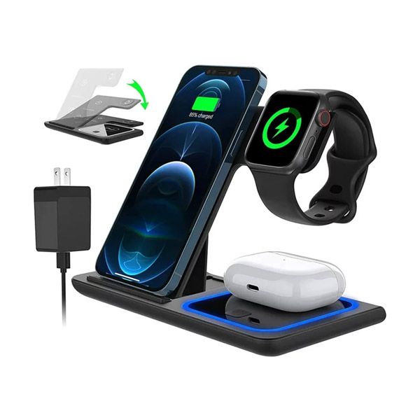 3 in 1 Wireless Charger, 18W Fast Charger Pad Stand Charging Station Dock for iWatch Series SE 8/7/6/5/4/3 Airpods Pro/3/2 for iPhone 15/14/13/12 /11/Pro Max/12 Mini /XR (With QC3.0 Adapter)